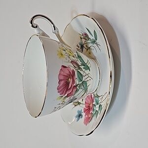 Vintage Floral Regency English Bone China Teacup and Saucer w/ Gold Detail